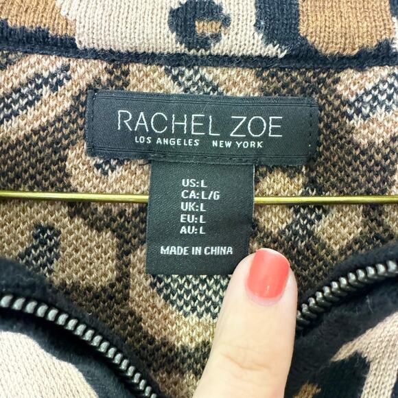 RACHEL ZOE Leopard Print Mock Neck Zip Front Cardigan Sweater Jacket Size LARGE - Picture 2 of 7
